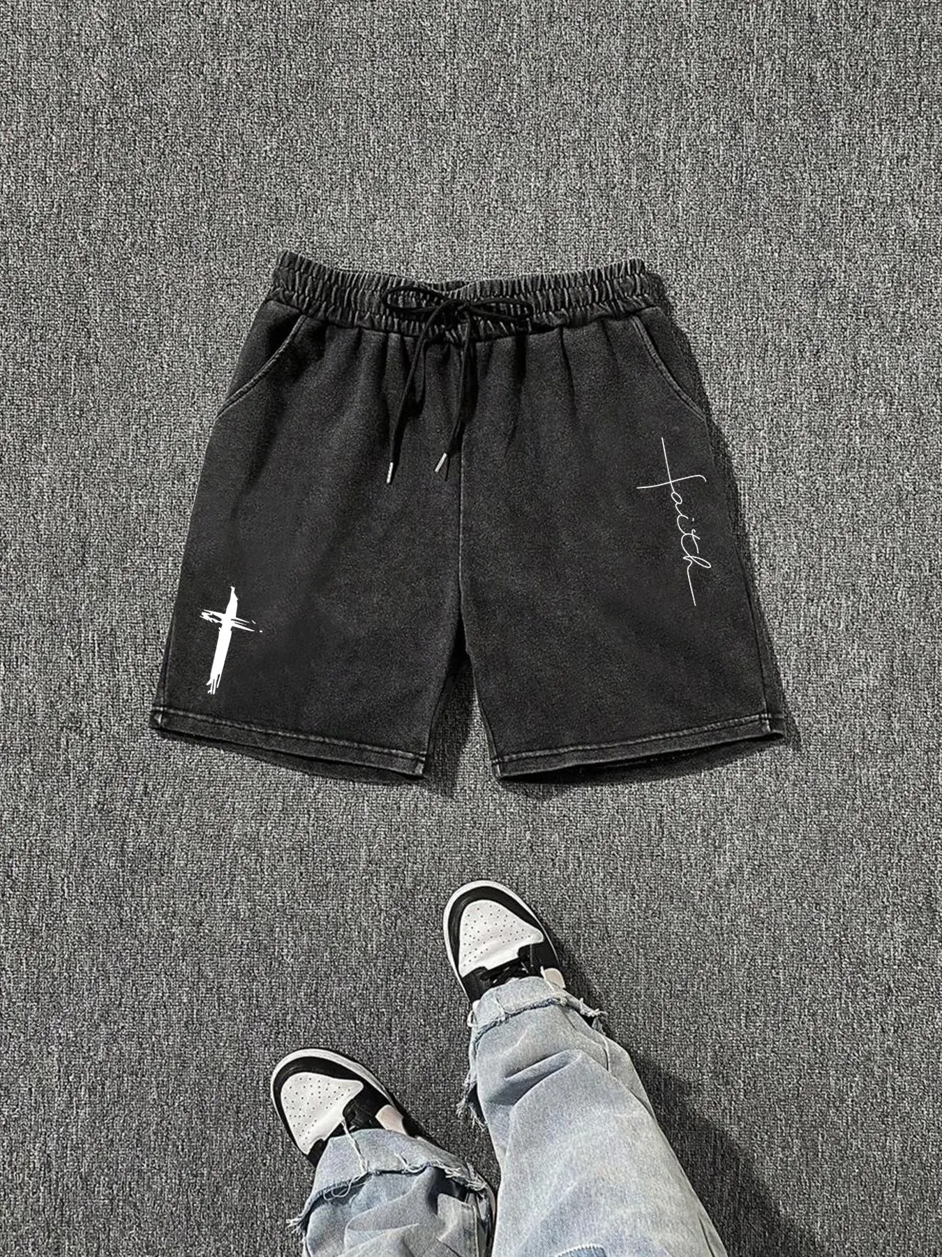 Men's Casual Home Wear, Street Style Cross Pattern, Loose-Fit Washed Denim Shorts, High-Quality Comfortable Bottoms