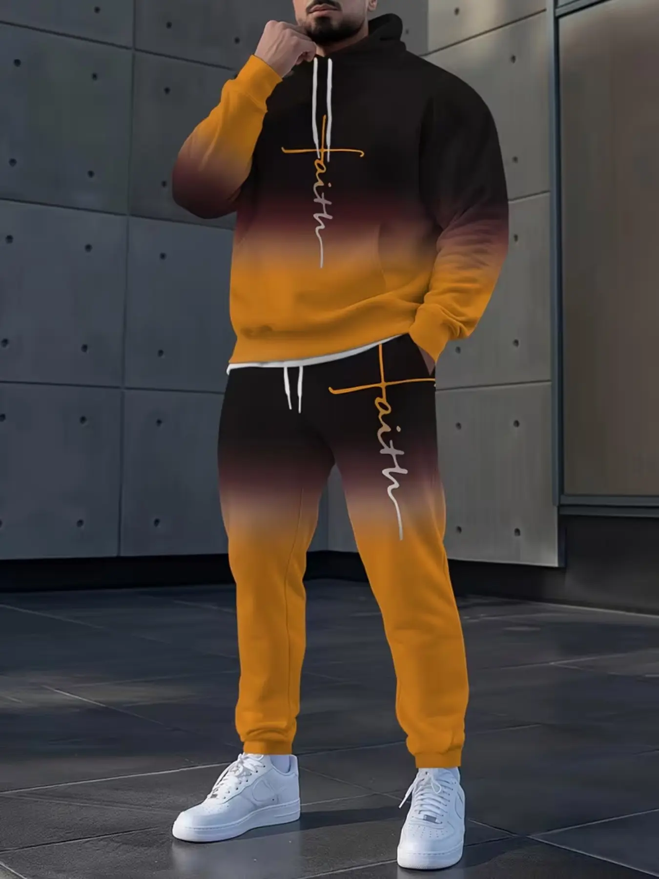 Gradient Digital Print Sportswear Set, Long Sleeve Hoodie + Casual Pants, Fitted H-Type, Fall & Winter, 2-Piece Suit