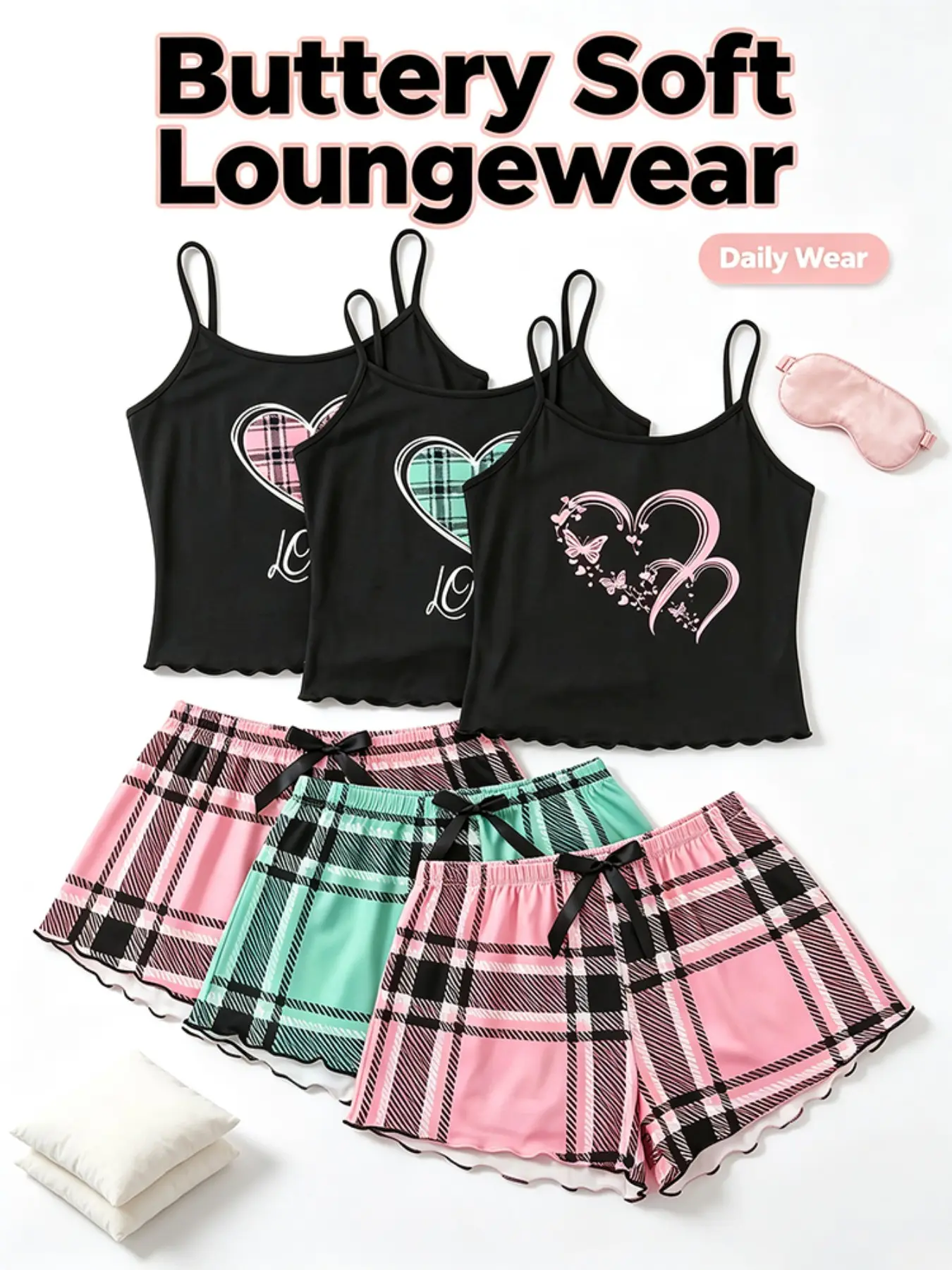 6 Piece Set Women's Pajamas Set Heart Plaid Butterfly Print Black Pink Mint Green Summer Spaghetti Strap Camisole Shorts Bowknot Waist Ruffle Hem Buttery Soft Comfy Stretchy Sleepwear Loungewear Nightwear Trendy Casual Pjs Sets for Daily Home Wear