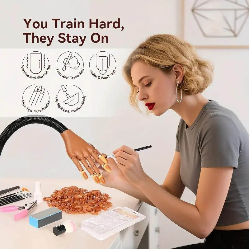 Professional Bendable Nail Practice Hand with 100Pcs Replaceable Nail Tips, Adjustable Flexible Arm Mannequin Training Hand for Nail Tech Training, Polishing Drilling Nail Art Practice Model Hand, Nail Tech Supplies