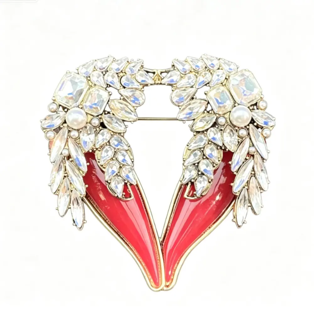Unisex Vintage Double Heart Brooch, Gold-Tone Alloy with Red Enamel, Crystal & Pearl Accent for Daily Wear & Gifting