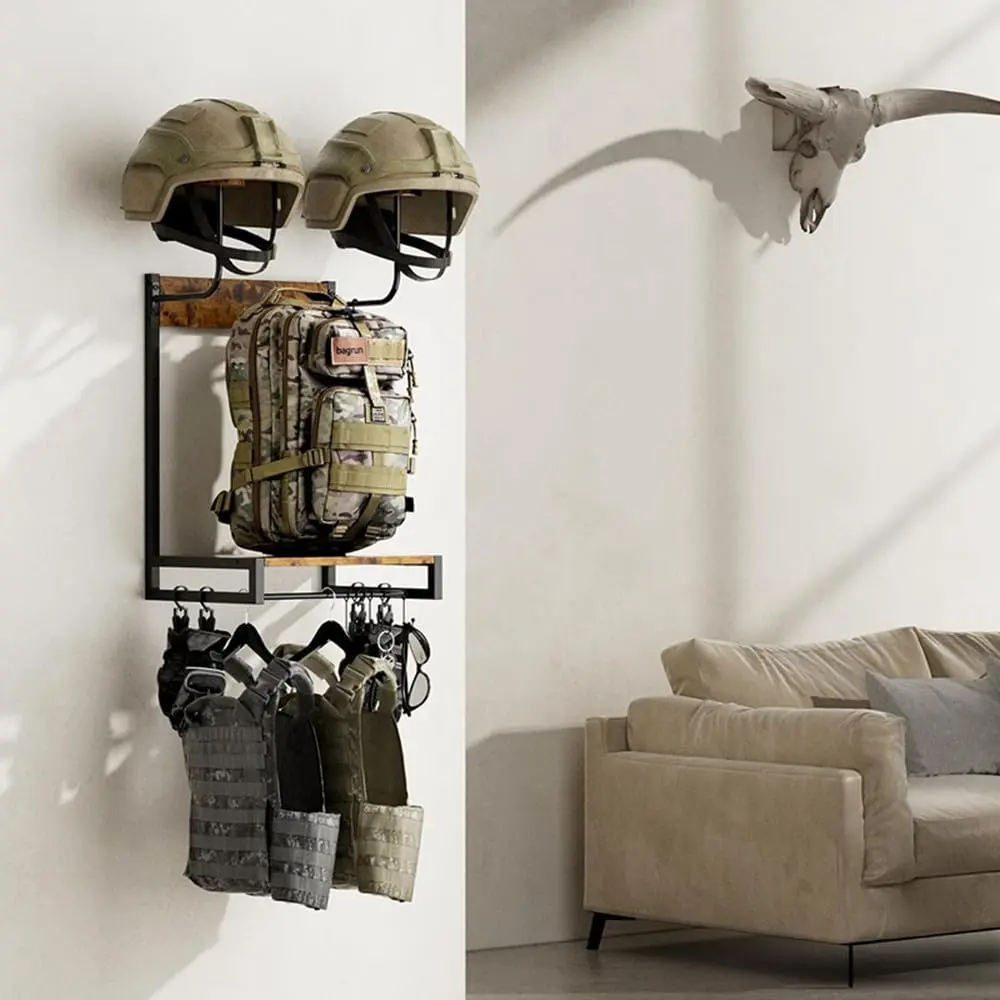 Motorcycle Helmet Stand – Space-Saving Wall Mounted Display Rack for Helmet & Gear Organization – Durable Natural Wood, Smooth Grain – Ideal for Garage or Entryway