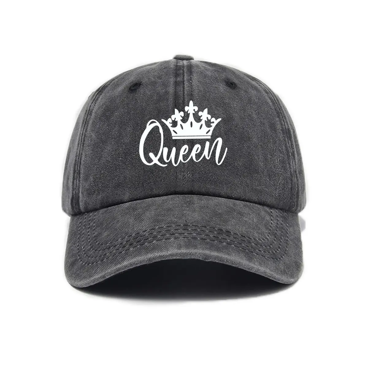 Women's Unisex Vintage Streetwear Dad Hat - Charcoal Washed Cotton Cap with Queen Crown Graphic, Adjustable Strap for Casual Wear