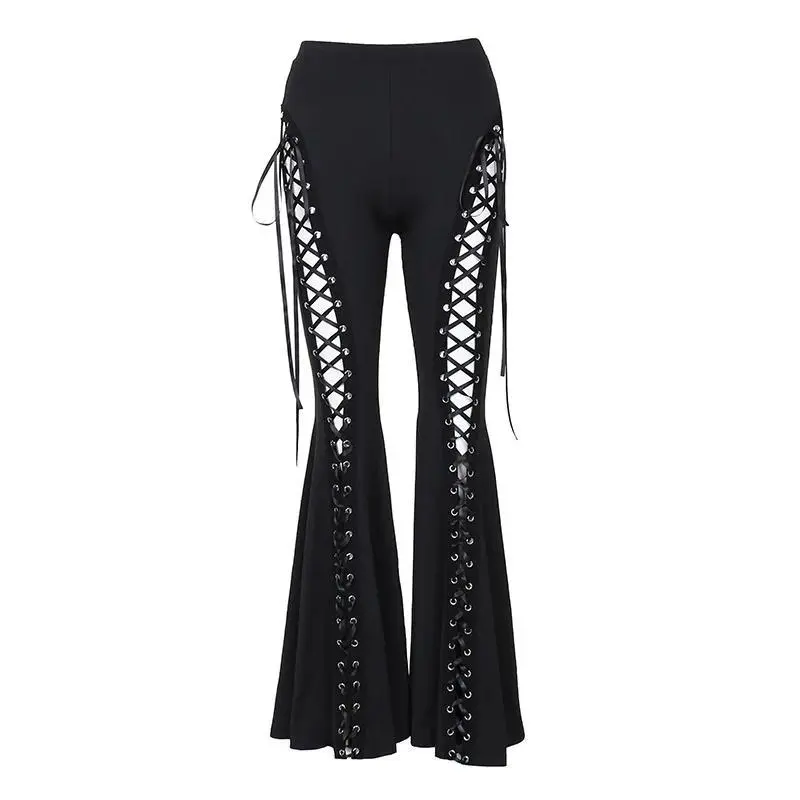 Goth Dark Grunge Streetwear Black Bandage Trousers Cyber Gothic Punk Hollow Out Flare Pants Women Emo High Waist Sexy Alt Bottom