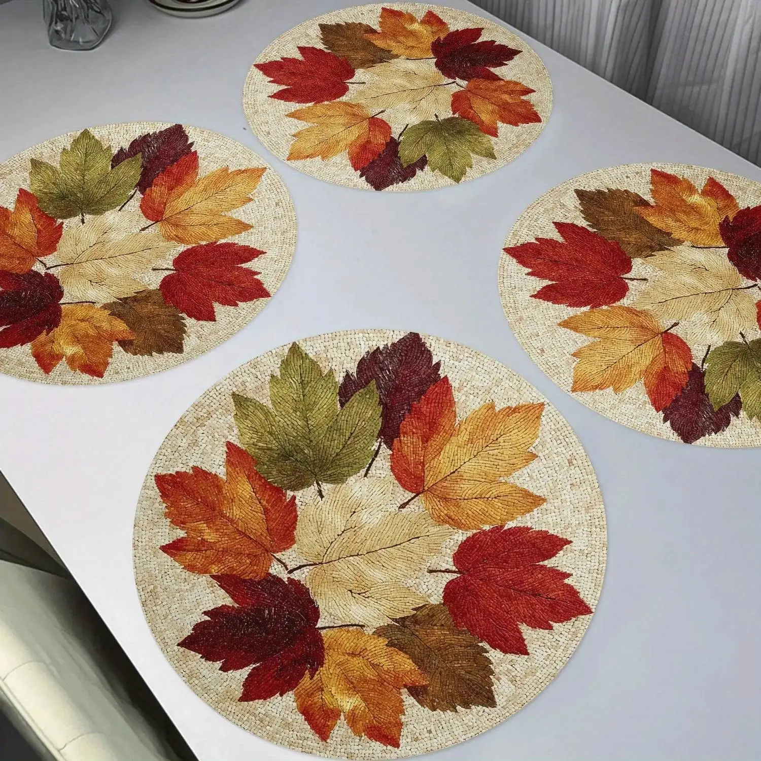 Fall Maple Leaf Theme Placemats,4pcs Round Table Mats Heat Resistant Non Slip Place Mats For Fall Thanksgiving Party Kitchen Dining Decoration