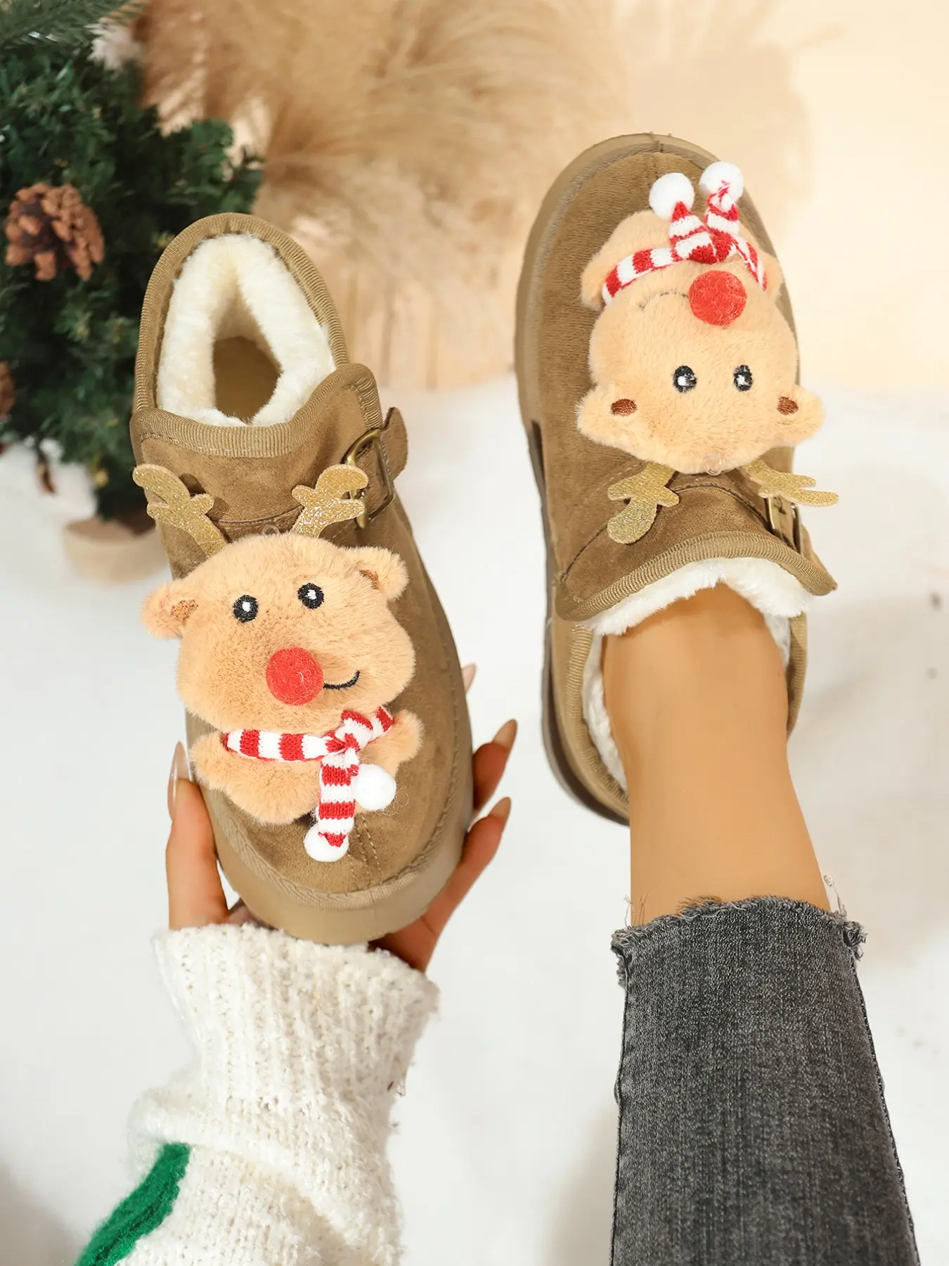 English: Women Christmas Reindeer Decor Platform Snow Boots Faux Suede Fluffy Fur Lined Buckle Slip On Warm Winter Ankle Shoes