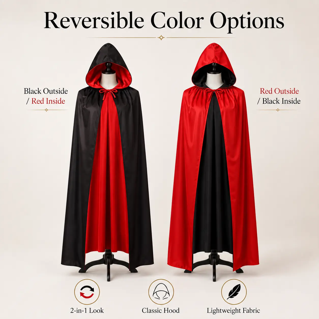 Reversible Hooded Cape Costume for Halloween, Red and Black Cloak for Men Women, 2 in 1 Fantasy Costume Robe with Long Hood Design, Lightweight Vampire Wizard Witch Cloak for Cosplay Party, Costume Events, Stage Performance, Photo Shoot and Themed Parties