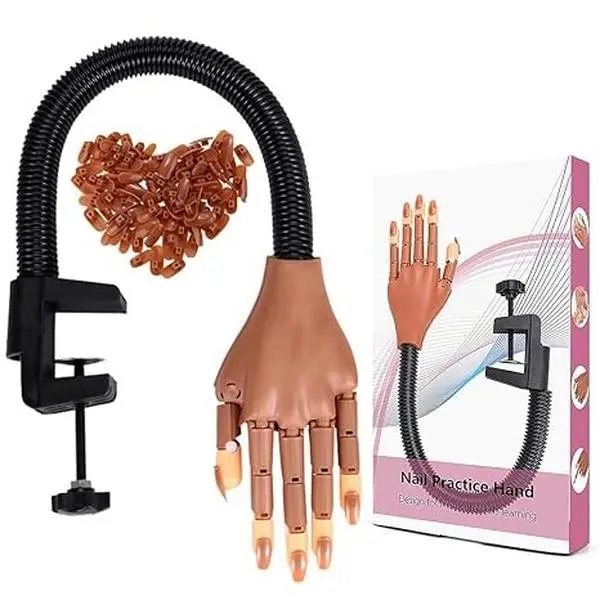 Acrylic Nail Practice Hand - Flexible Movable Nail Tools, 100 Refill Tips, Manicure Supplies for Beginners