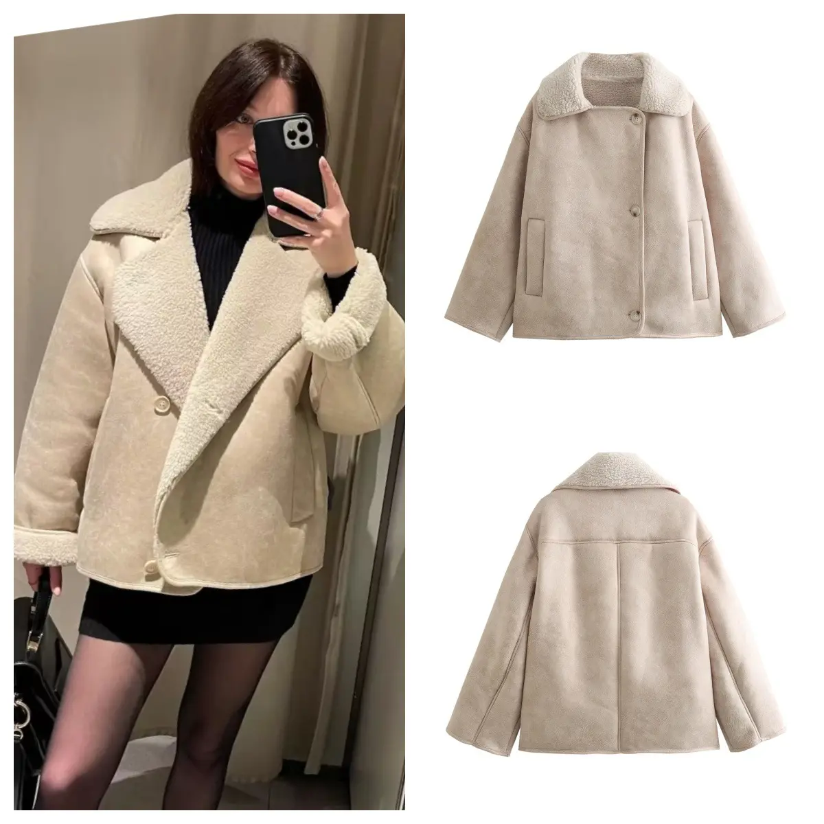 Faux Shearling Collar Suede Jacket for Women Zip Up Warm Coat with Plush Lining and Pockets