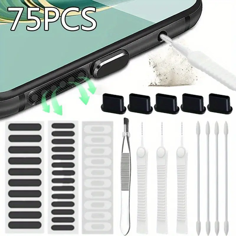 75pcs Phone Charging Port Cleaner Kit for iPhone/Samsung/Xiaomi Type C/Speaker, Dust Plug & Mesh Cleaning Tool, Cleaning Kits