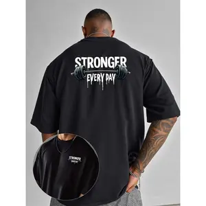 180g[100%cotton]Men's 'Stronger Every Day' Oversized T-Shirt – Premium Cotton Gym Workout Fitness Graphic Tee, Bodybuilding Motivation Streetwear Top, Athletic Tee