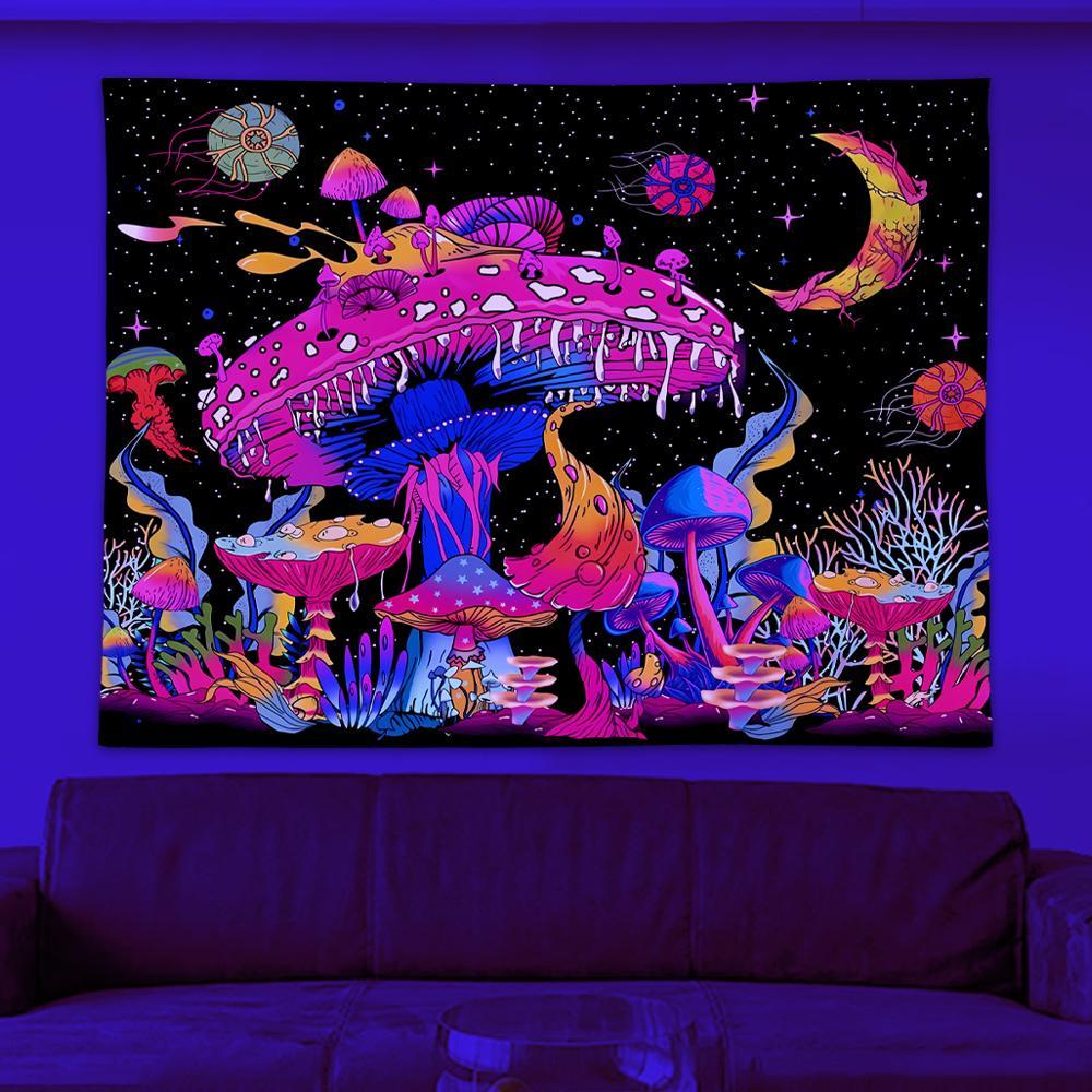 Fluorescent Mushroom Print Tapestry, Durable Decorative Tapestry, UV Black Light Home Decor Posters Tapestry, Glow In The Dark Wall Hanging for Living Room, Bedroom Accessories, Summer Gift