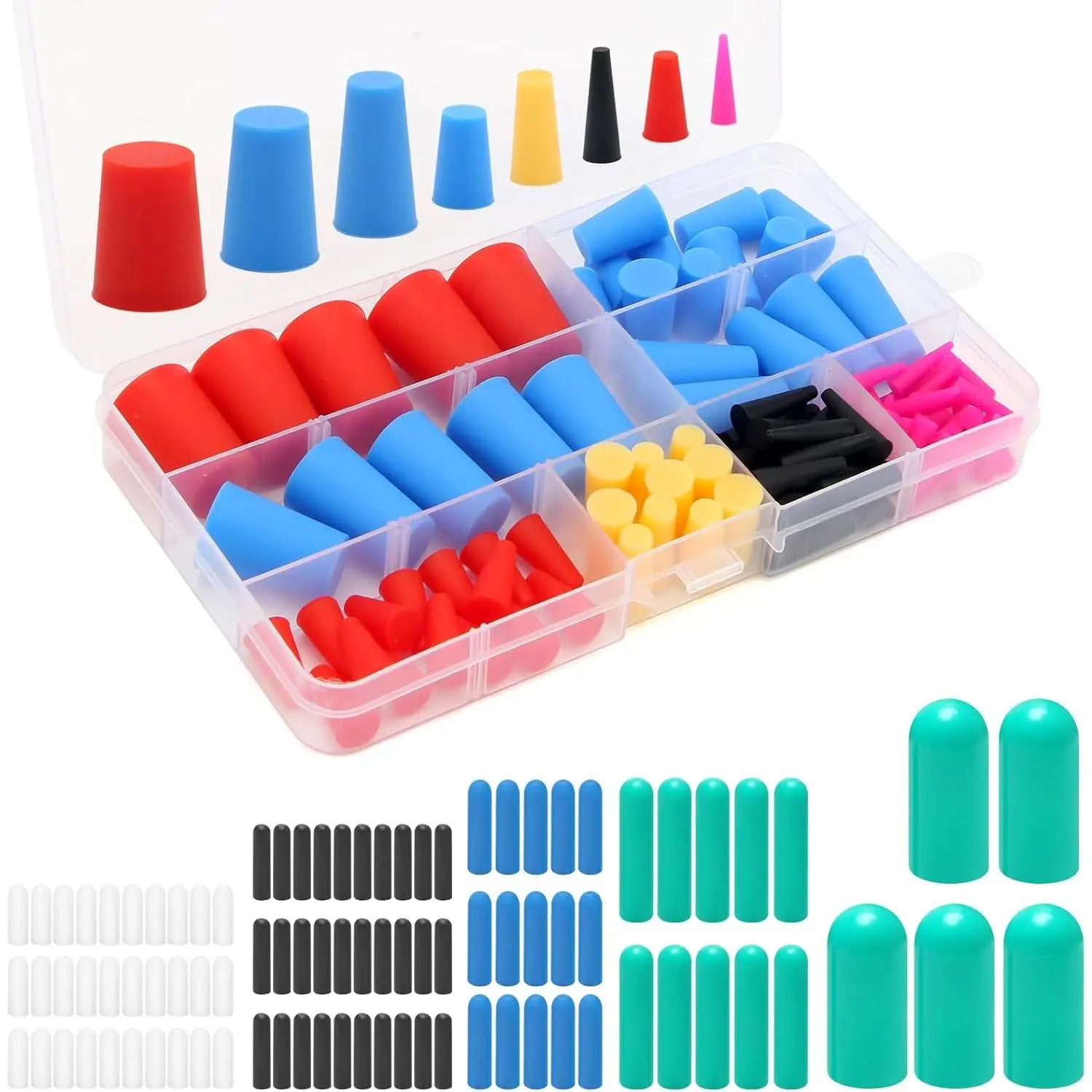 110+90 PCS Silicone Rubber Tapered Plug Set, 110PCS High-Temperature Resistant Rubber Stoppers and 90PCS Silicone Rubber Protective End Cap Kit for Hole Plugs, Spraying, Coating, Painting