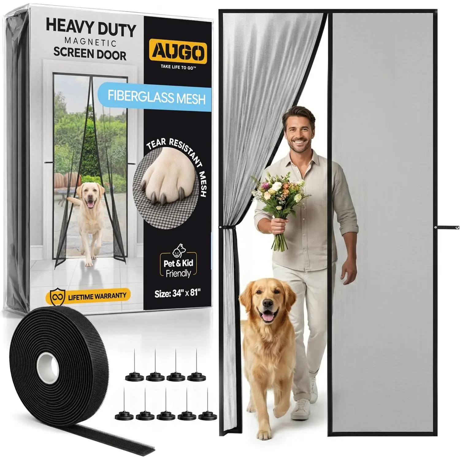AUGO Outdoor Fiberglass Screen Door - 34x81", Heavy-Duty, Self-Sealing, Hands-Free Mesh Partition, Bug-Proof, Patent-Pending Keep-Open Feature, Door Screen Closure