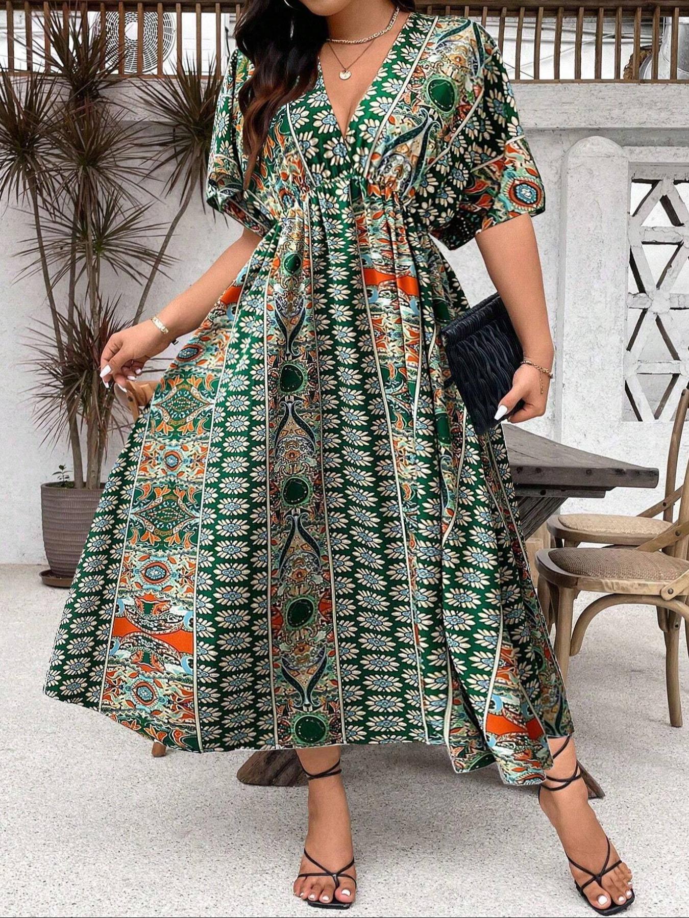 Plus Size Ethnic Pattern Ruched V Neck Dress, Bohemian Casual Floral Print Batwing Half Sleeve A-Line Dress for Summer, Women's Clothes for Beach Holiday Plus Size Ethnic Pattern Ruched V Neck Dress, Bohemian Casual Floral Print Batwing Half Sleeve A-Line Dress for Summer, Women's Clothes for Beach Holiday