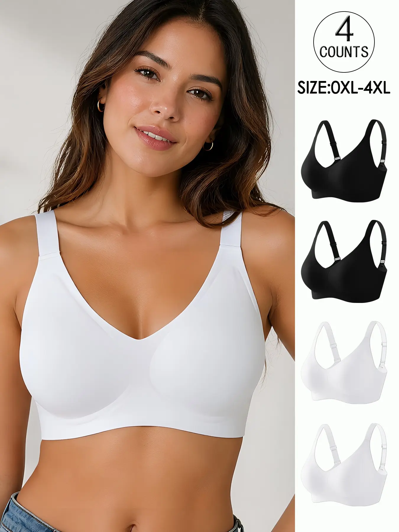 4 Pack/5 colors plus size seamless jelly bra for women, 4 rows 4 hooks, push-up and lift adjustable sports tank top, Wireless Sports Bras, daily casual//yoga, comfortable breathable skin-friendly, women's wireless bra