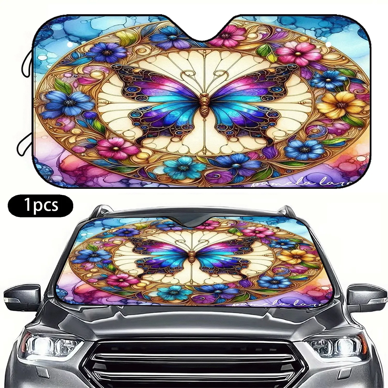 1pc Floral Butterfly Pattern Sunshade for Car Windshield, Car Shade Front Windshield, Waterproof Multi-Layer Sunshield, Durable Vehicle Accessory, All-Terrain, Four-Season Decor