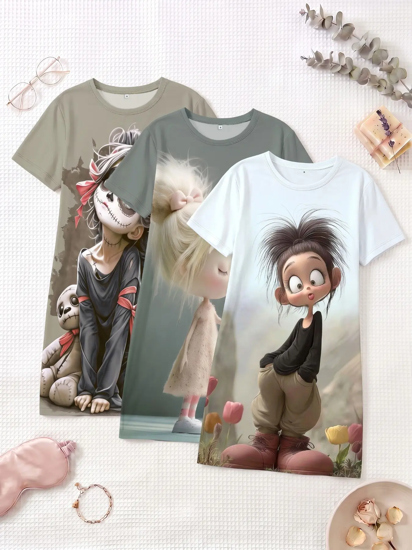 3-Piece Set Cute Plush Large Print Animal Short Sleeve Round Neck Women's Nightgown Pajamas Loungewear, Spring Summer Autumn Wear, Casual Home Nightwear Sleepwear