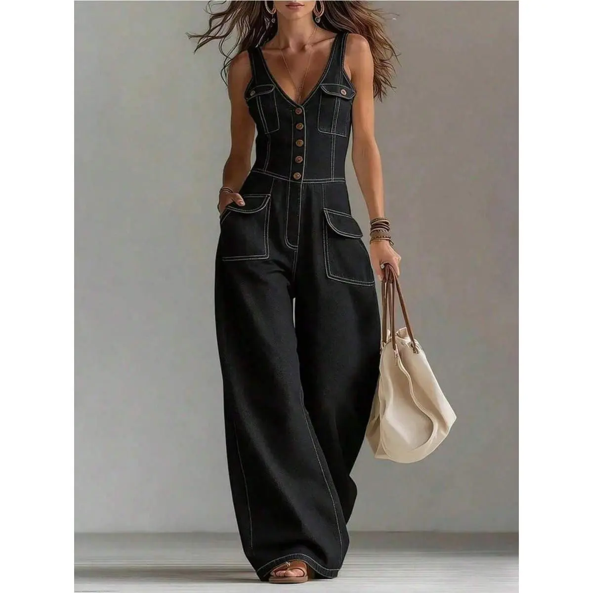 Women's Streetwear Denim Jumpsuit, Loose Vintage-Style High-Waist Wide-Leg Overalls with V-Neck and Rhinestone Details, Casual, Pockets, Chic, Pants, Fabric, Everyday, Sleeveless, Button, Machine Wash, Cinch Waist