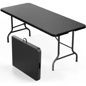 Folding Table 6ft, Portable Collapsible Plastic Black Long Tables for Party, Camping, Banquet, Craft, Dining, Wedding, Outdoor and Indoor Use