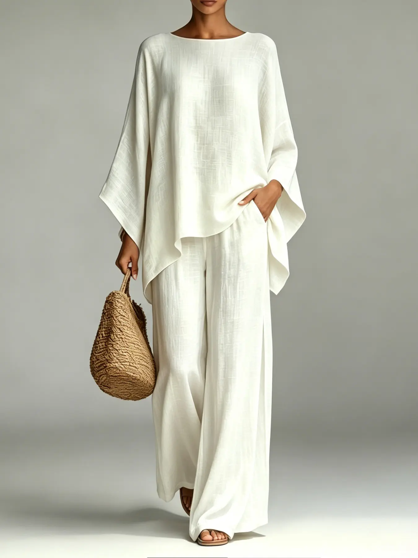 T0016 Soft Relax-Fit Two Piece Suit For Women Simple Batwing Sleeve Irregular Hem Top High Waist Wide Leg Pants Casual Vacation Matching Outfit.