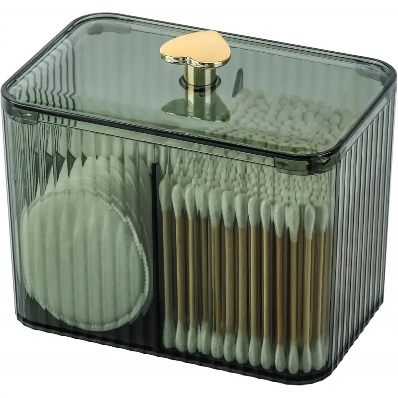 Tbestmax Qtip Holder Dispenser 3-Section Clear Cotton Swab/Pad/Ball Holder Container 3 Grids Bathroom Organizer Jar Cosmetics Storage for Vanity(Green)