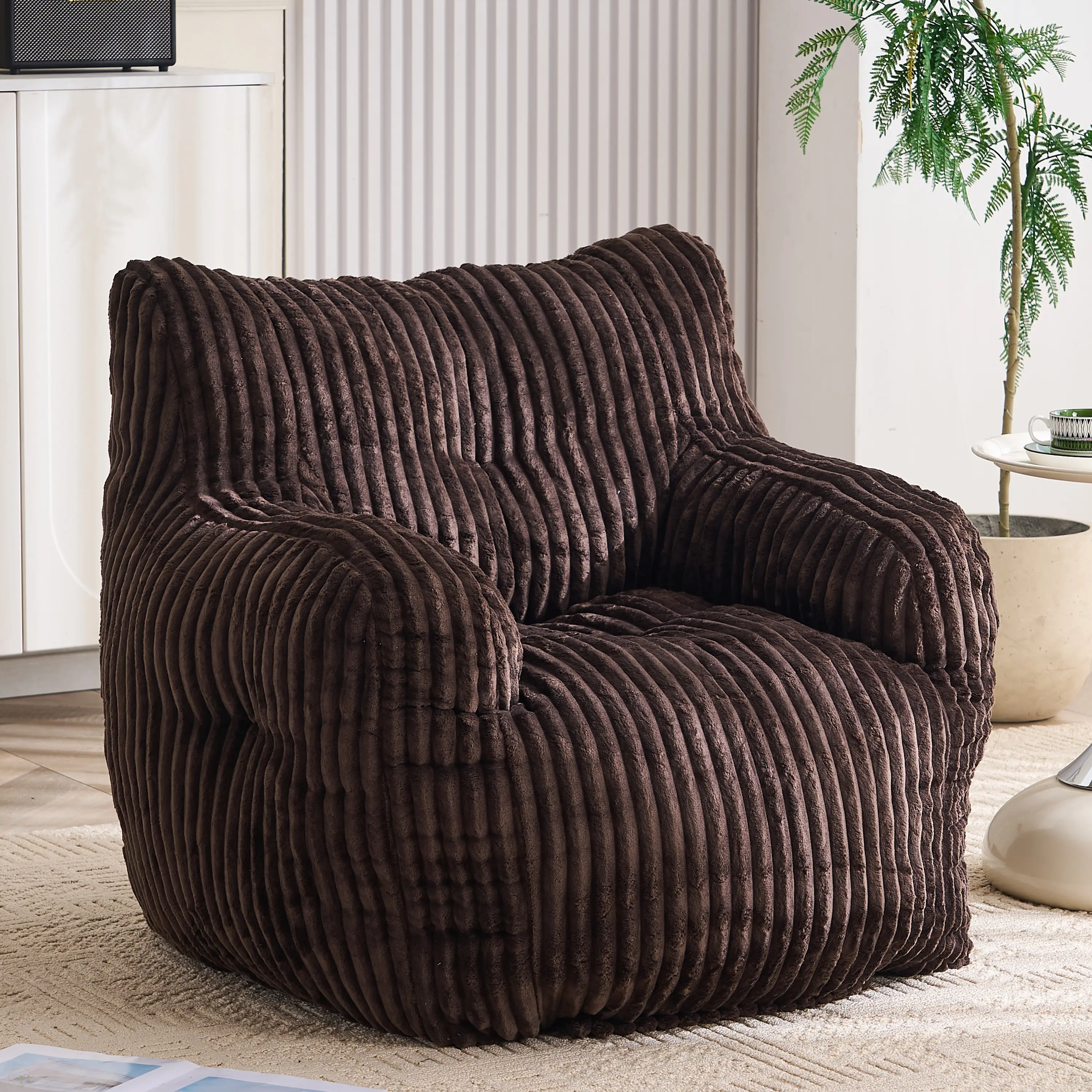 Nokaa Soft Fluffy Corduroy Bean Bag Chair with Memory Sponge Filling, Brown, Cozy Floor Lounger for Living Room Bedroom Dorm, Indoor Outdoor Use, Single Size