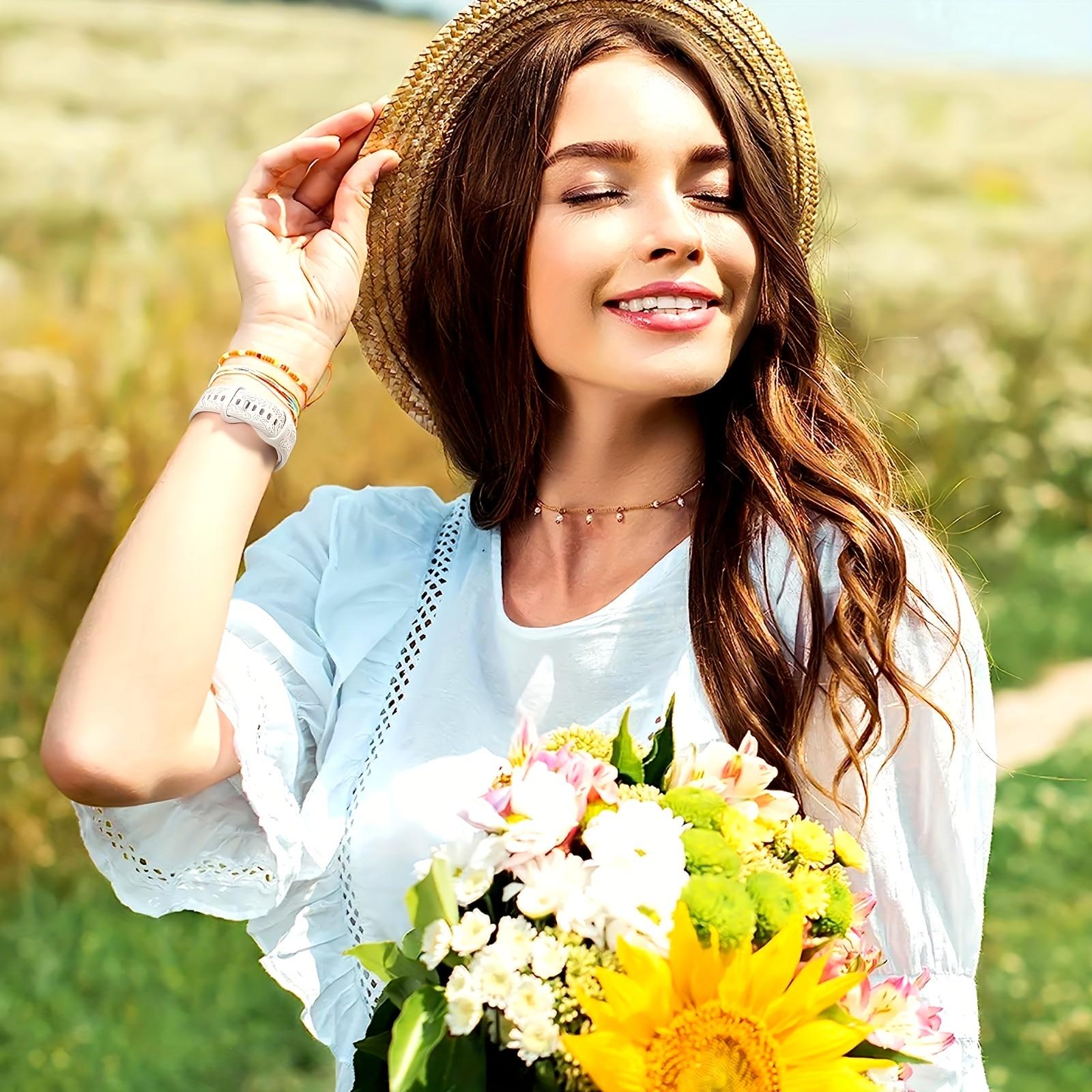 6-Pack Floral Engraved Silicone Apple Watch Bands – Soft Sport Strap 38–49mm (Series 1–11, SE, Ultra / Ultra 2 / Ultra 3), Women