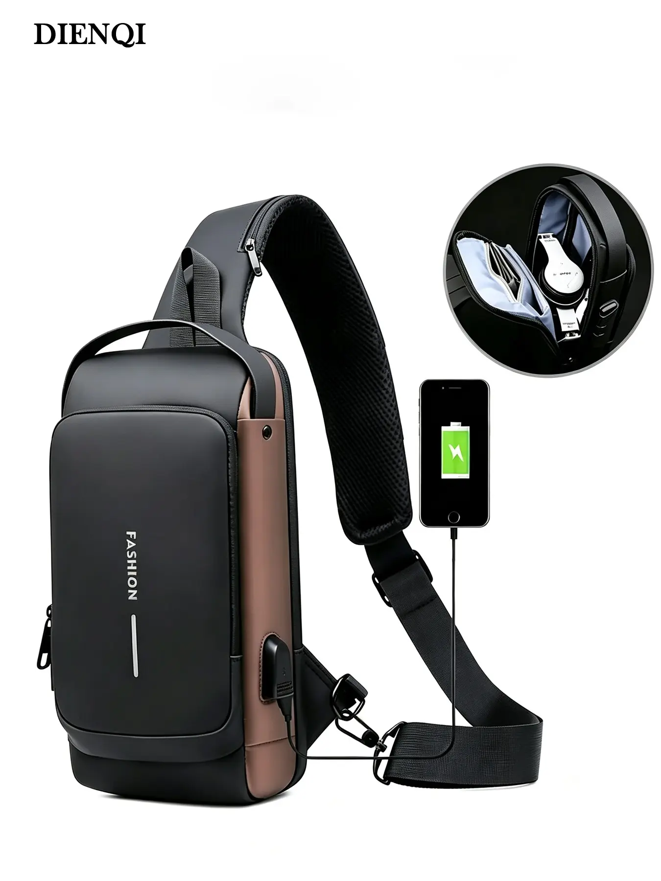 Men's Anti-Theft Crossbody Bag with USB Charging Port, Waterproof Sling Backpack, Casual Travel Shoulder Pack for Daily Use