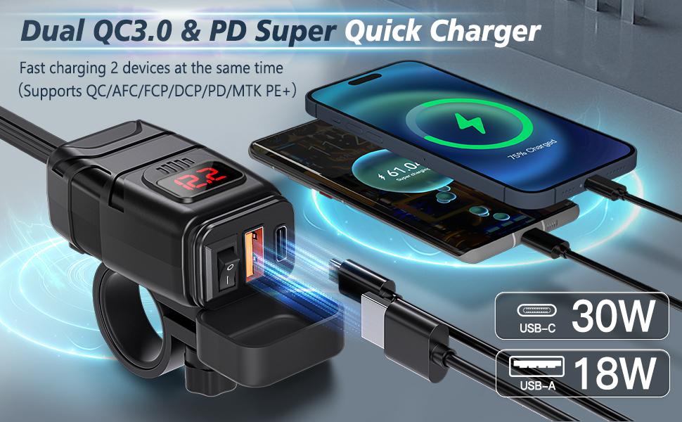 Waterproof Dustproof Motorcycle Phone Charger with 1.92.2cm Handle Diameter, 6.4A Dual USB Type-C PD Quick Charge 3.0, 12v2a, DC12v24v, 5v3.4a, 9v2.5a, ABS Cover, Voltmeter, Red LED Voltmeter, Independent Power ON/OFF Switch for Phone, GPS