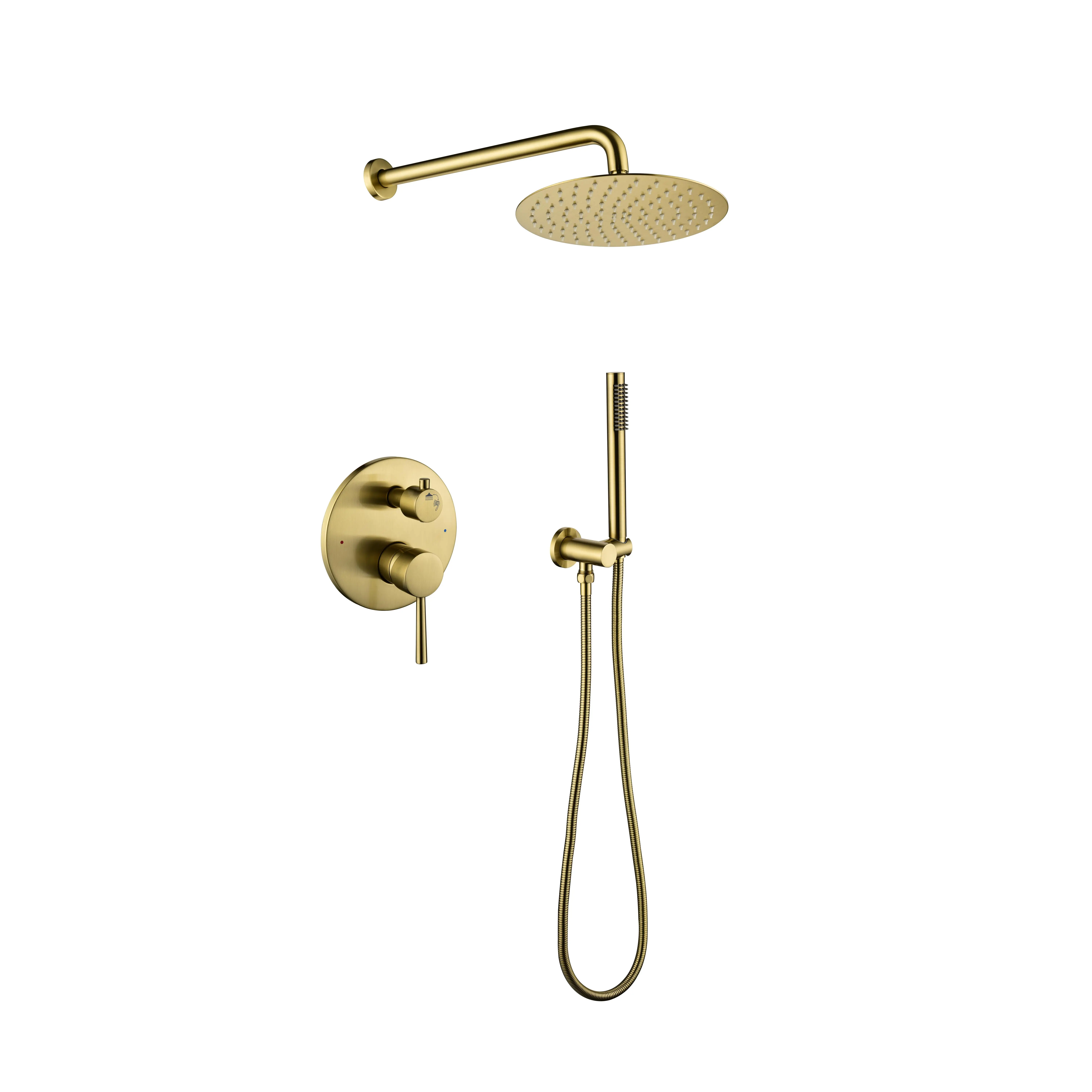 Nokaa Wall Mounted Shower System with 10 Inch Stainless Steel Rain Shower Head and Handheld Spray, 2-Way Pressure Balance Valve Kit, Brushed Gold Finish, High Pressure Bathroom Shower Faucet Set, Modern Dual Showerhead Combo