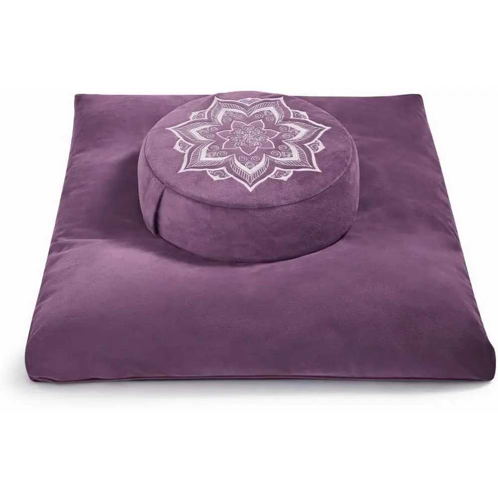 Meditation Cushion Set Zafu & Zabuton Buckwheat Hull & Memory Foam Adjustable Floor Pillow for Yoga Meditation Sitting, Removable Velvet Cover Purple