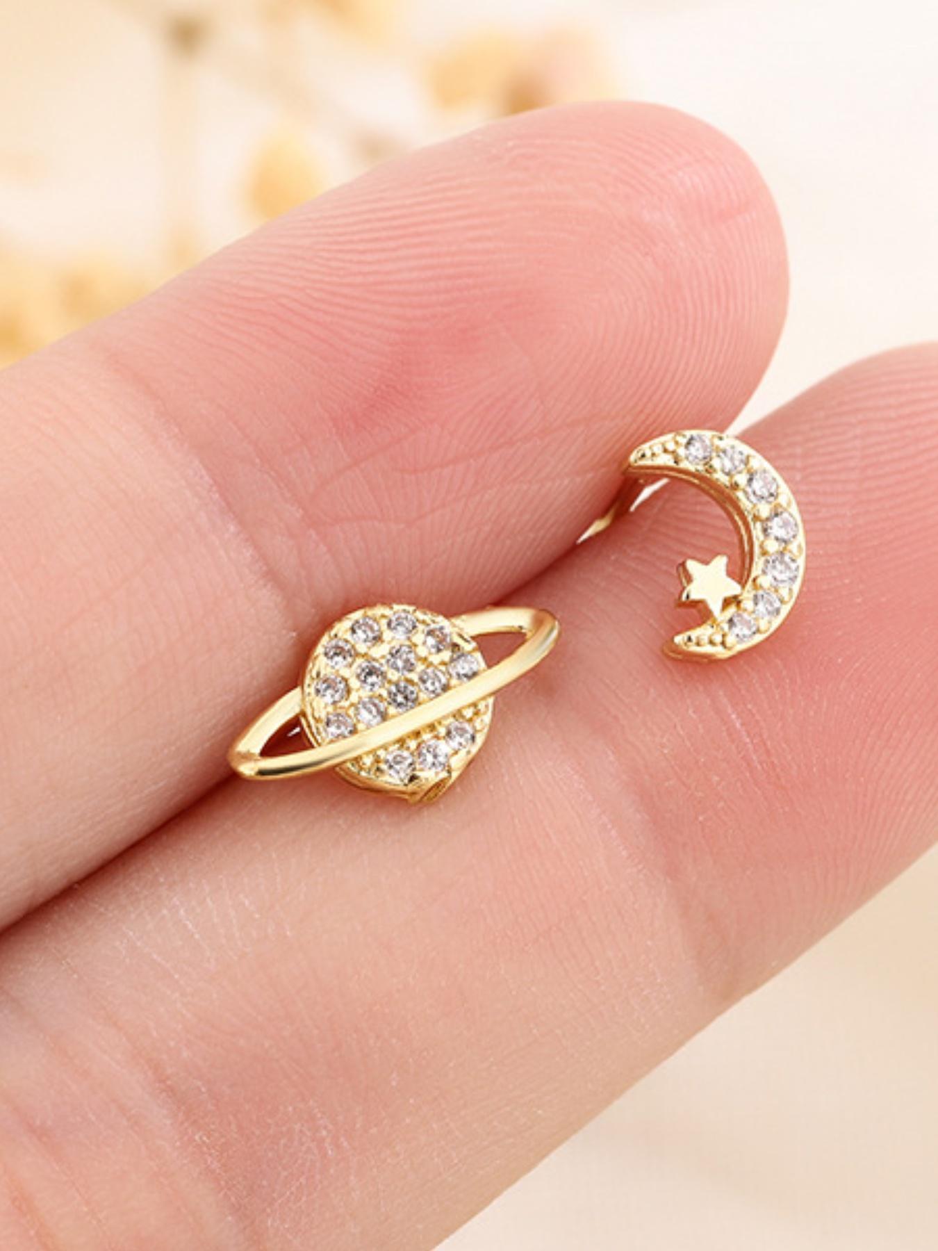 Fashionable Asymmetric Moon & Star Design Earrings,  Rhinestone Decor Stud Earrings, Elegant All-match Jewelry for Girls Gift, Female Classic Fashion Accessories for Daily Wear, Constellation Earring