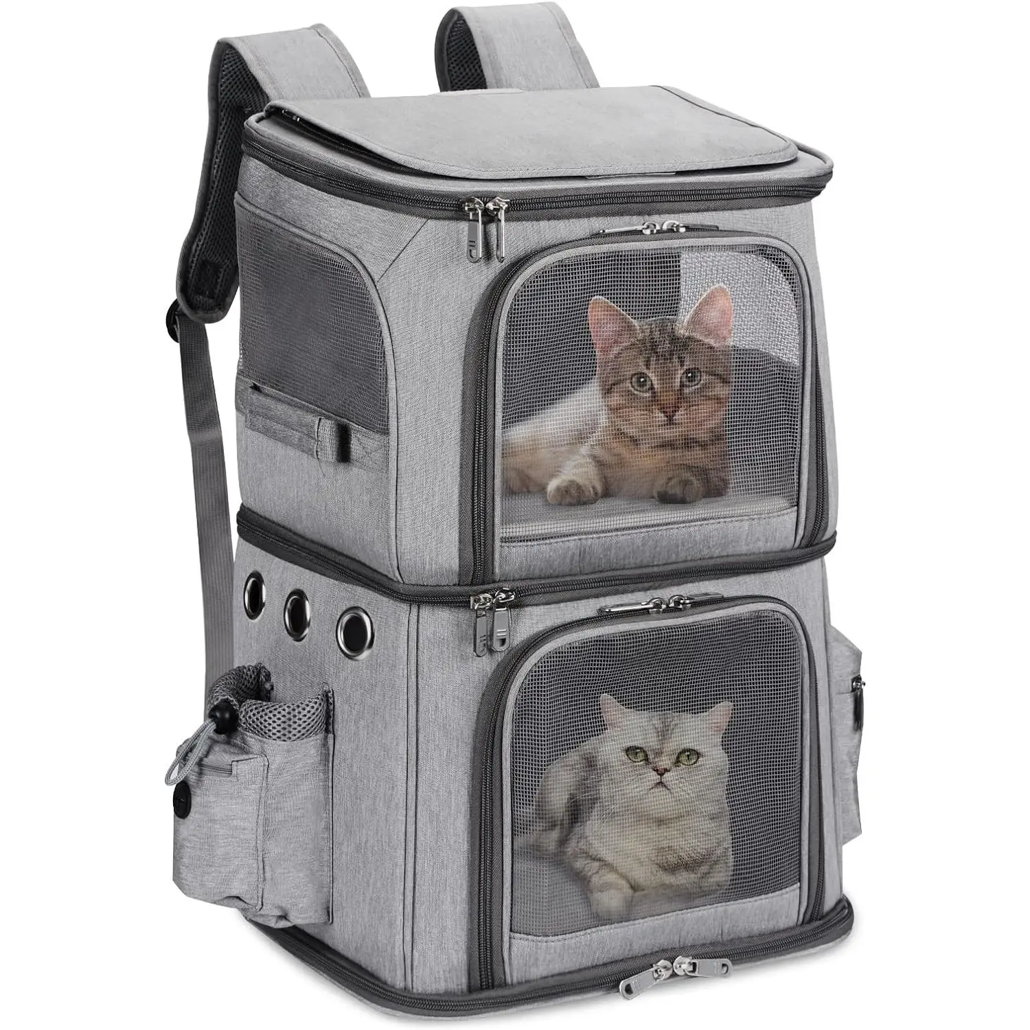 Double-Compartment Pet Carrier Backpack for Small Cats and Dogs, Cat Travel Carrier Fits 2 Cats, Perfect for Traveling Hiking Camping, Grey XL