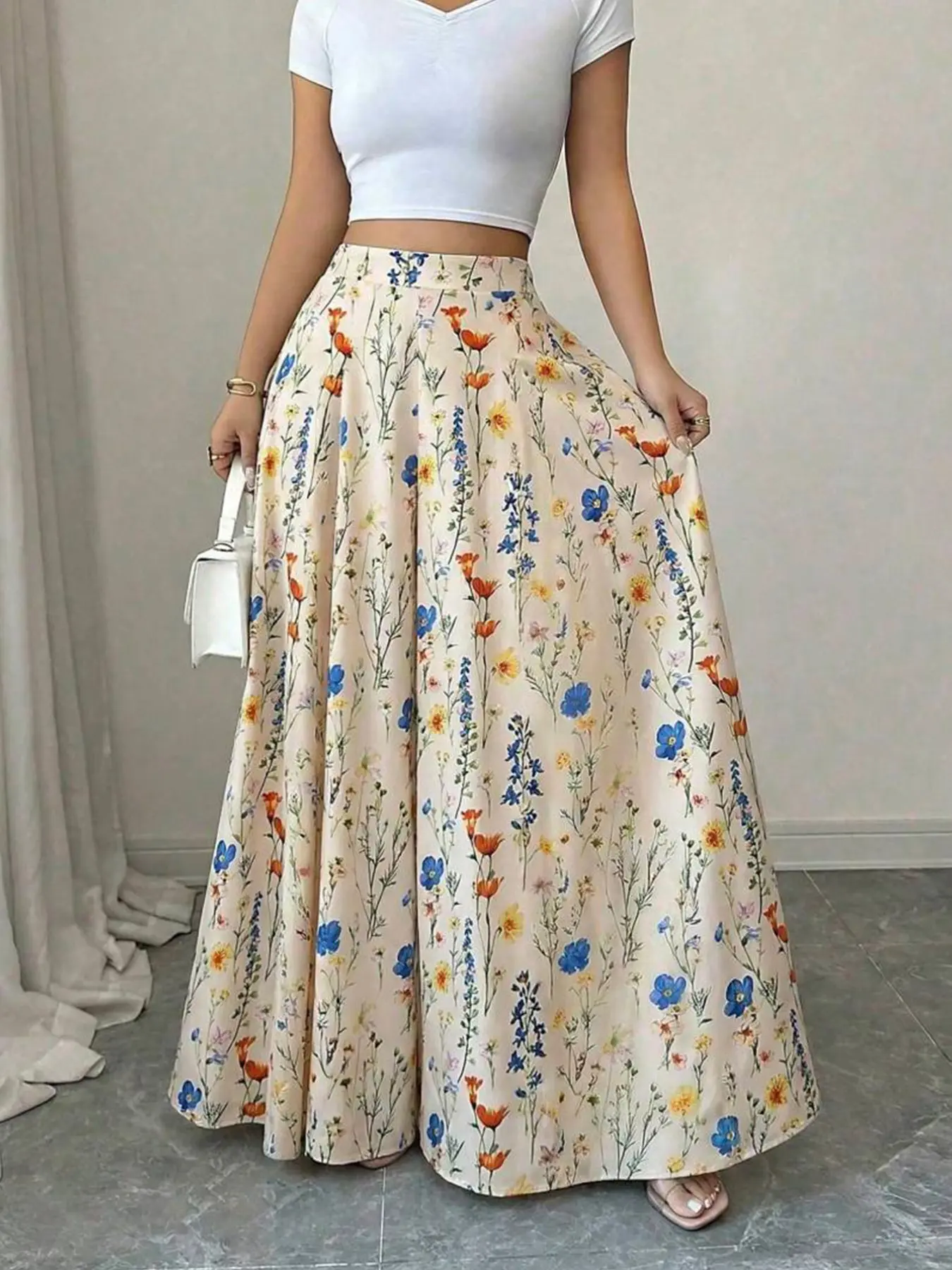Plus Size Ditsy Floral Wide-Leg Pants Casual High-Waisted Flared Long Trousers, Y2K Clothes Summer Daily Wear, Trendy Elegant Bottoms, Comfortable Relaxed Fit Casual Ensembles, Stylish Botanical Print Detail Party Casual Wear