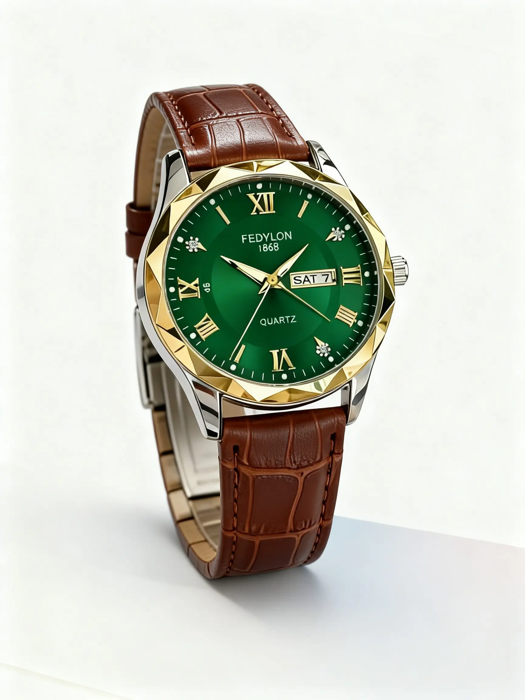 Versatile Gold Dial Roman Numeral Dual Calendar Men's Casual Leather Quartz Wristwatch, Round Face, Alloy Case, Hardlex Glass, All Seasons