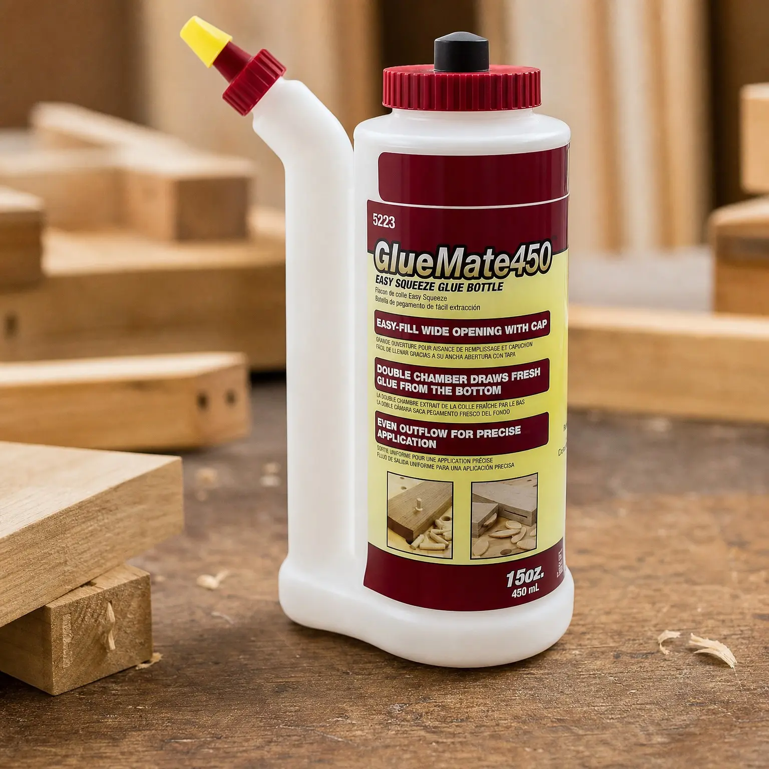 15oz (450ml) Precision Wood Glue Bottle - Anti-Drip, Dowel and Biscuit Tips Included, Easy Flow Multi-Chamber Design, Ideal for WoodworkingGift