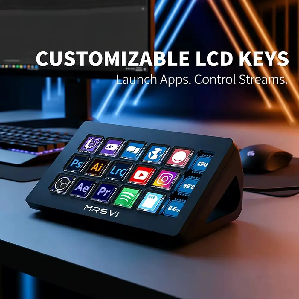 15-Key Programmable Control Deck, Stream Deck with LCD Display, Macro Keyboard for Obs Vmix Adobe Creative Cloud, PC/MAC, Stream Controller Pad