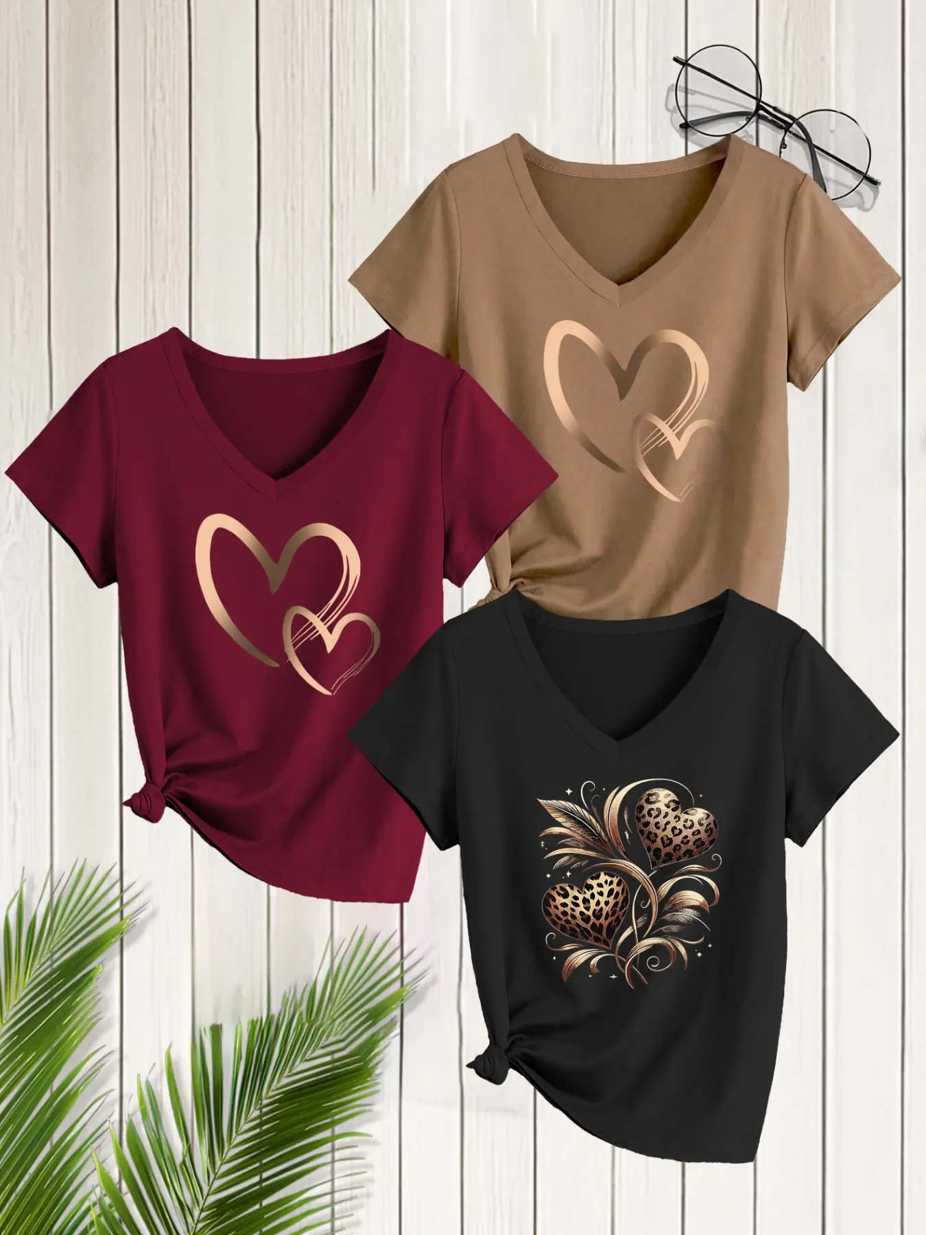 3-Pack Women's Casual V-Neck Short Sleeve T-Shirts, Heart Print, Slim Fit, Spring Summer Fashion, Daily Wear