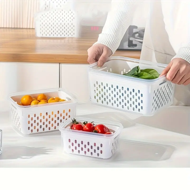 2-Sets Leak Proof & Reusable Food Sealing Box with Lid, 2-layer Food Crisper Container Box, with Drainage Box, Sealed Container Set, Suitable for Meat, Grains, Fruits and Vegetables - Refrigerator Organizer, Microwave Heating Box