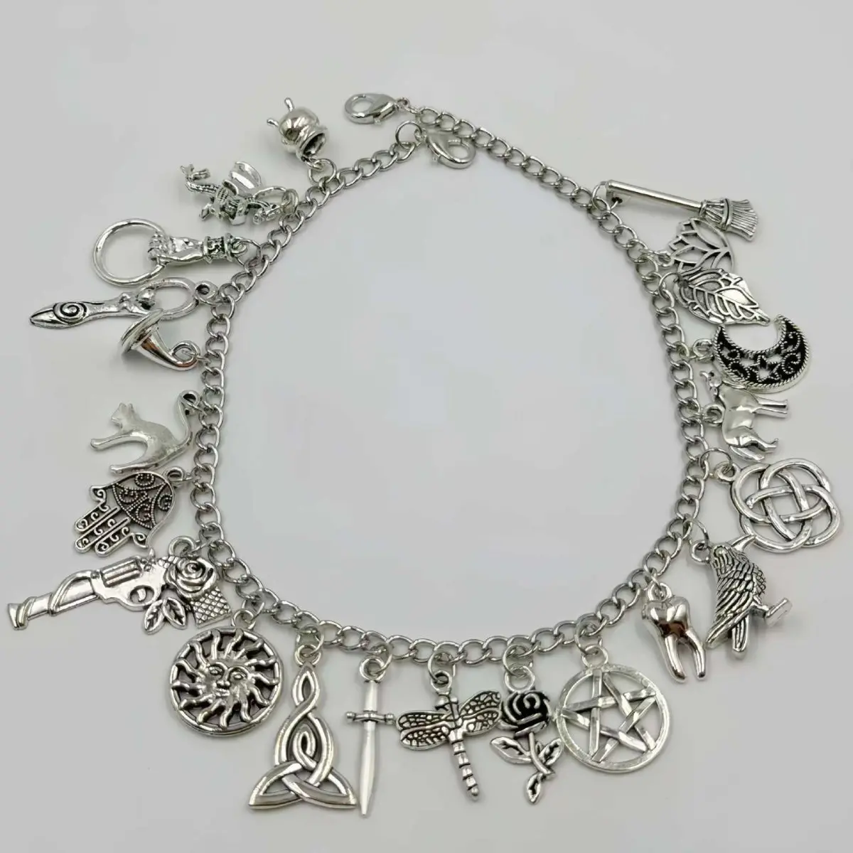 Dark Gothic Charms Bracelet-Ankle Bracelets, Multi-Charm Set with Pentagram Motif, Raven & Celtic Knot, Witchy Magical Niche Aesthetic Costume Jewelry Accessory