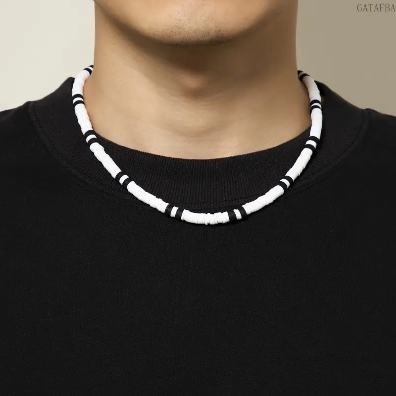 Bohemian Minimalist Geometric Men Women Necklace, Black White Spliced Polymer Clay Slice Pendant, Irregular Shell & Coconut Shell Choker, Casual Summer Beach Daily Wear Jewelry