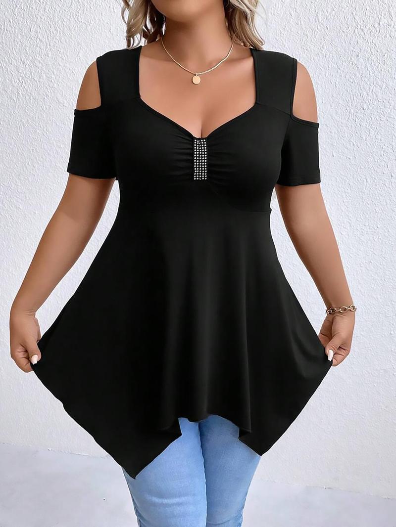 【Plus Size】 Cold Shoulder Tee, Casual Asymmetrical Hem Short Sleeve T-shirt for Summer, Women's Plus Clothing for Daily Wear