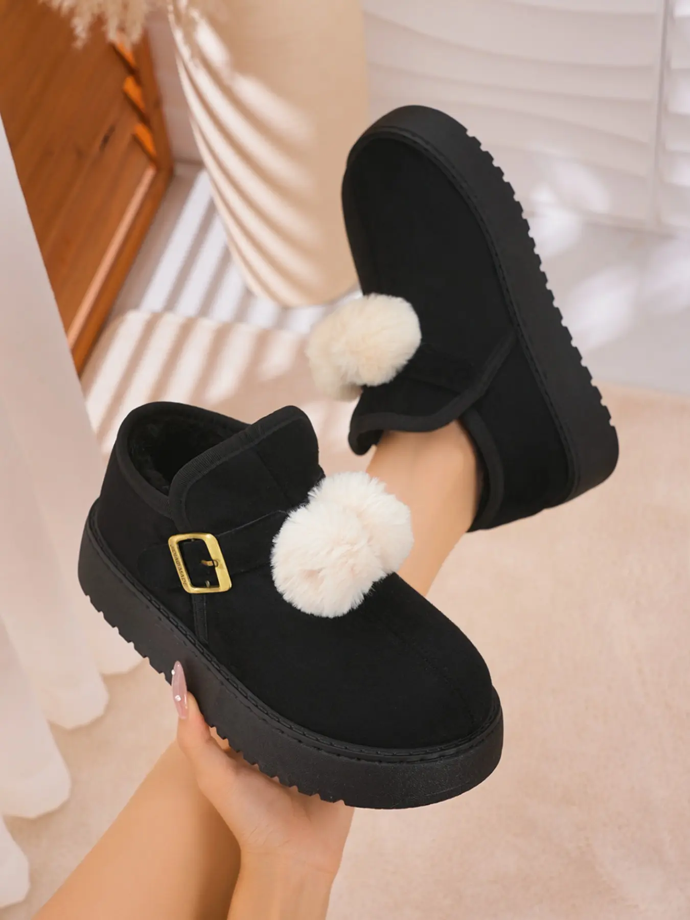 Women's Thickened Fuzzy Snow Boots, Metal Buckle Ankle Soft Plush Ball Height Boost, Versatile Warm Short Boots for Fall Winter