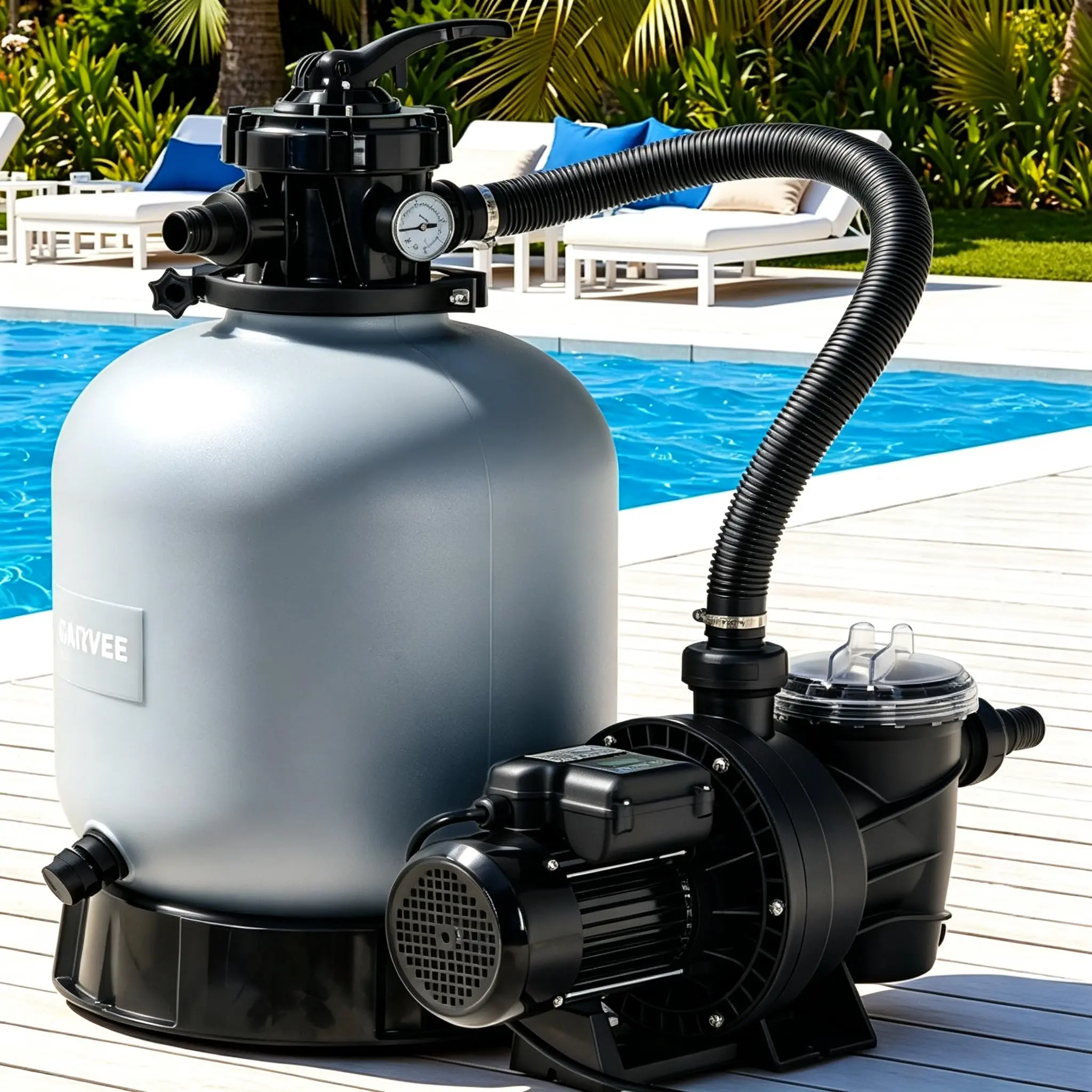 Garvee 19" Sand Filter Pump for Above Ground Pool with Timer, 1.5HP 6075GPH Swimming Pool Pump & Sand Filter System with 7-Way Valve & Strainer Basket, Pool Pumps Above Ground, Grey