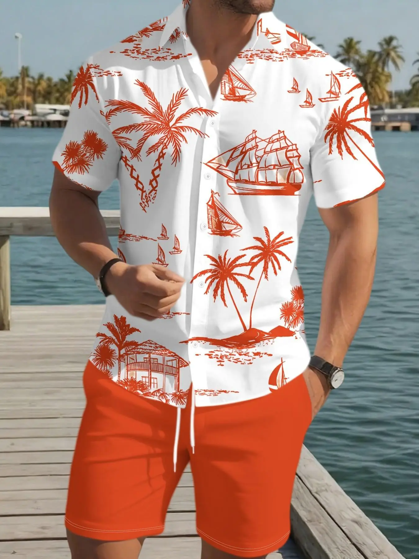 Men's Hawaiian Tropical Style Classic Printed Short Sleeve Shirt, Casual Beach Vacation Set, Summer Coastal, Fitted Tee with Shorts, Menswear, Shorts Matching Set