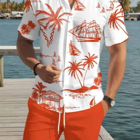 Men's Hawaiian Tropical Style Classic Printed Short Sleeve Shirt, Casual Beach Vacation Set, Summer Coastal, Fitted Tee with Shorts, Menswear, Shorts Matching Set, Shorts Set Outfit
