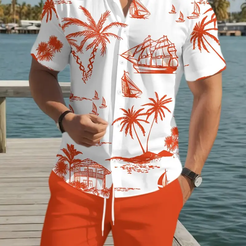 Men's Hawaiian Tropical Style Classic Printed Short Sleeve Shirt, Casual Beach Vacation Set, Summer Coastal, Fitted Tee with Shorts, Menswear, Shorts Matching Set, Shorts Set Outfit