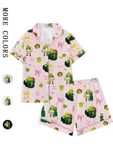 Teen Shrek Movie Cute Bow Collar Short Sleeve Pajama Set, Comfortable Sleepwear for All Seasons, Princess Fiona Gift, Loose-Fitting