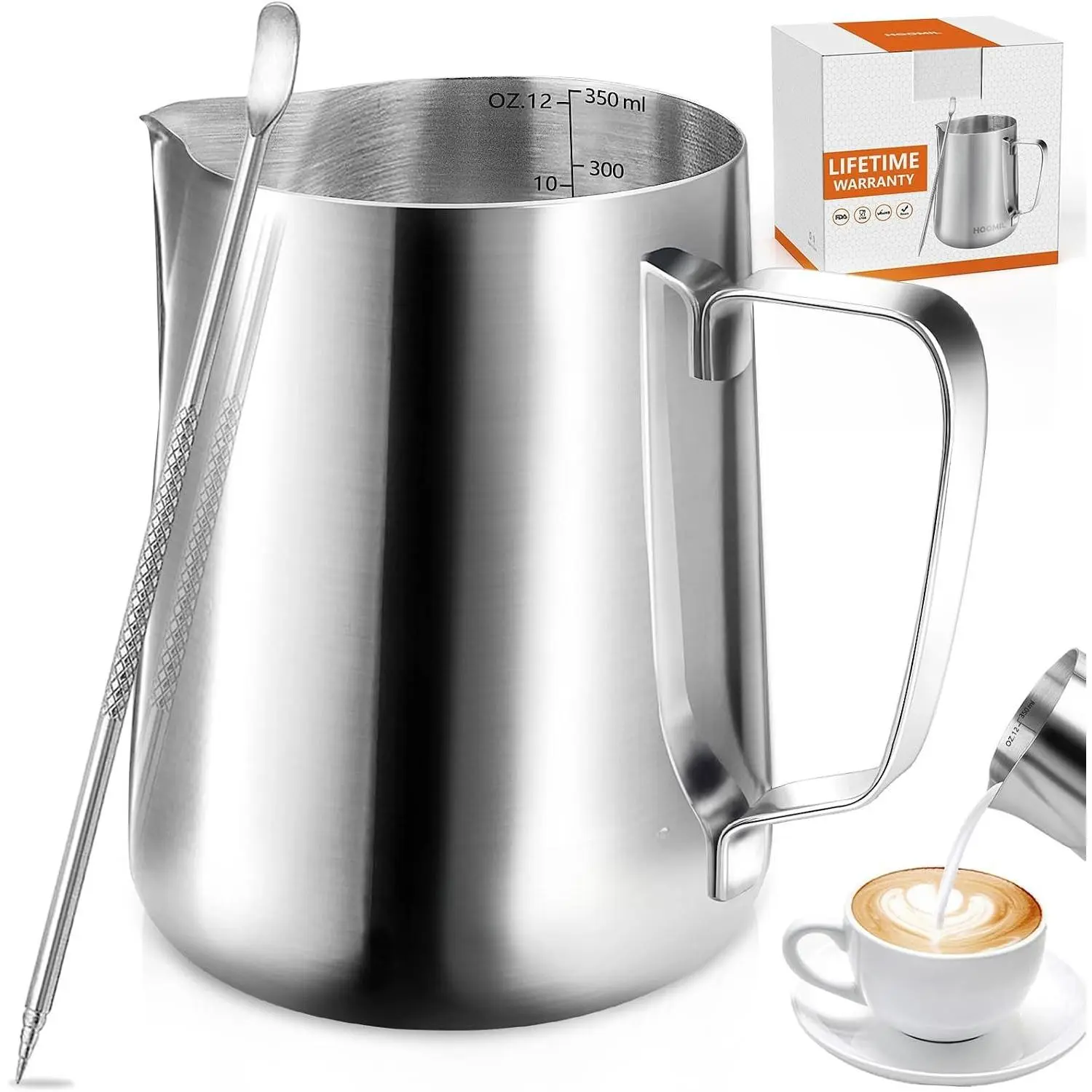 Milk Frothing Pitcher, 12oz/20oz/32oz 304 Stainless Steel | Steaming Pitcher with Clear Scale, Barista Milk Frother Cup Jug for Espresso Machine Coffee Cappuccino Latte Art - 12oz